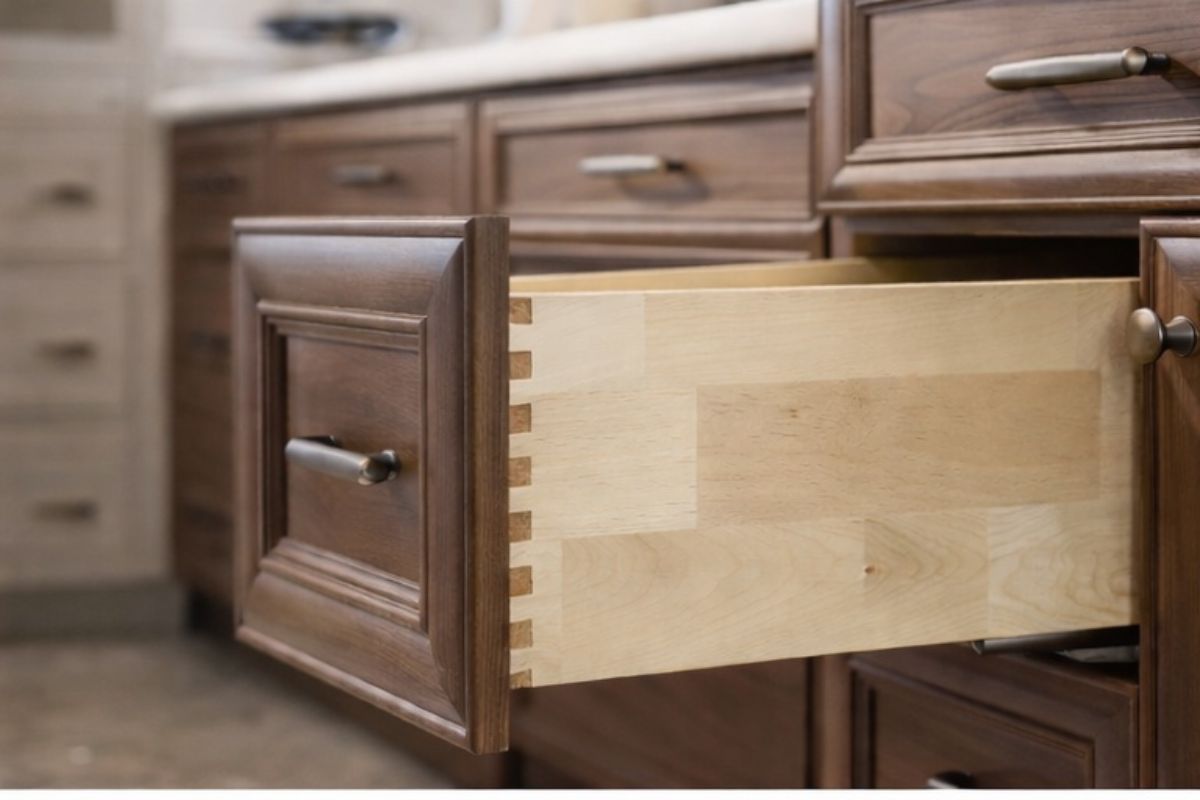 Custom bathroom vanity drawer detail showcasing dovetail joinery and solid wood construction.