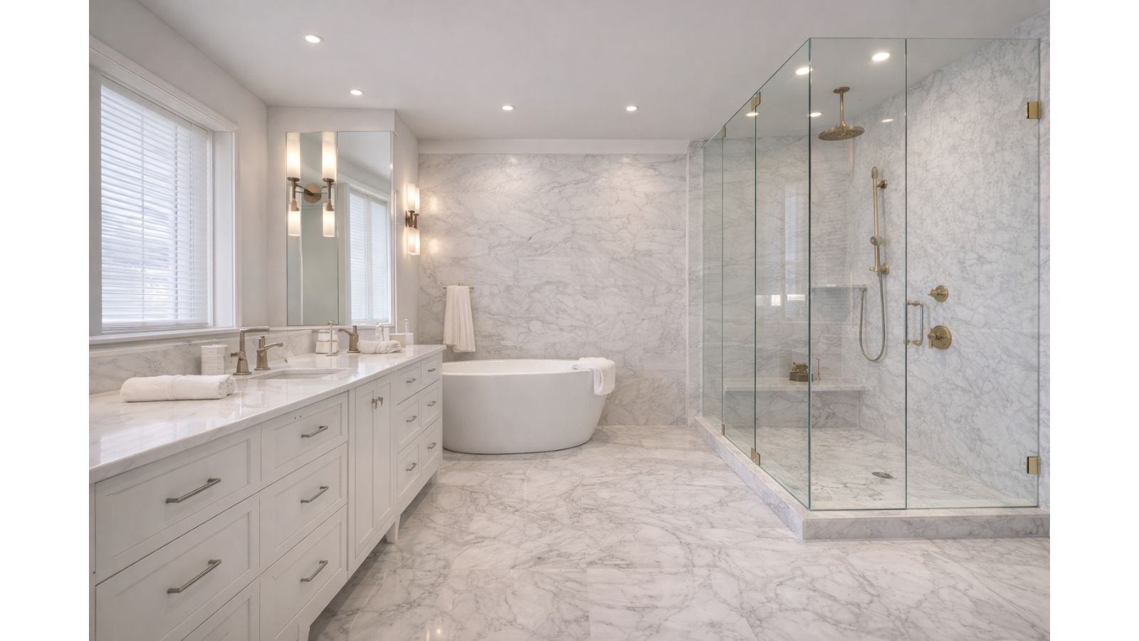 Luxury glass shower with marble tile and brass fixtures, reflecting Redefined Kitchens & Bath’s detail-driven design process