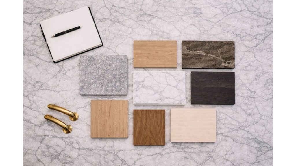 Top-down view of luxury kitchen and bathroom design material samples including stone, wood, and finish selections.