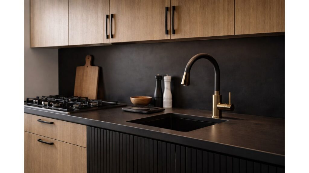 modern luxury kitchen cabinet sink detail matte black