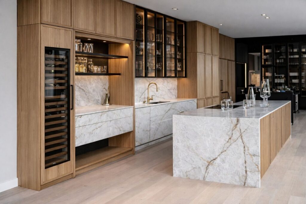 Modern luxury kitchen featuring warm wood cabinetry and marble waterfall island, planned and executed by Redefined Kitchens & Bath